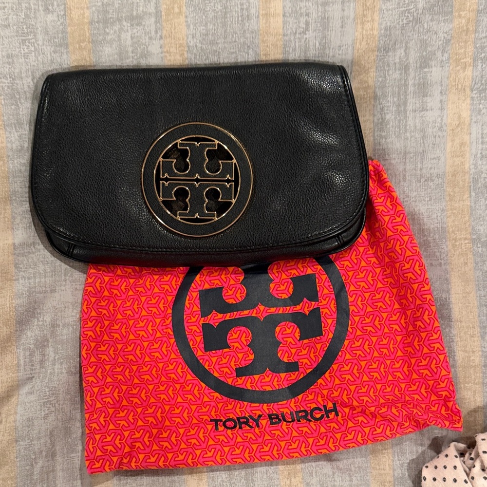 Tory Burch Amanda Black Leather Clutch with Gold Logo
